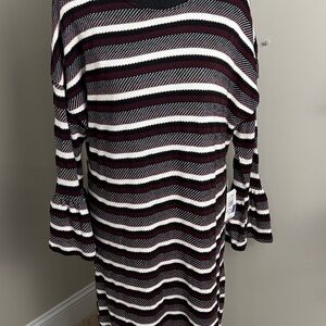 Luxology Burgundy, Black & White  Striped Dress, Below the Knee, Extremely Soft